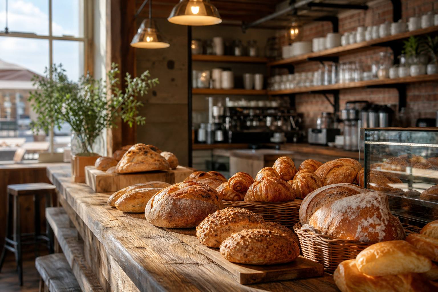 Pastries and croissants in the bakery